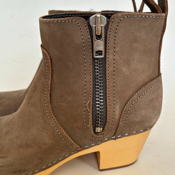 Swedish Hasbeens Boots Heel Zip It Emy Clog Toffel Ankle Taupe Tan Suede 38 8 - Picture 12 of 14